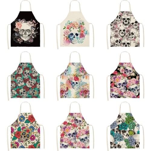 Punk Flower Skull Women Kitchen Aprons Waterproof Cooking oil-proof Cotton Linen Antifouling Chef Apron Cleaning 68*55cm 0145