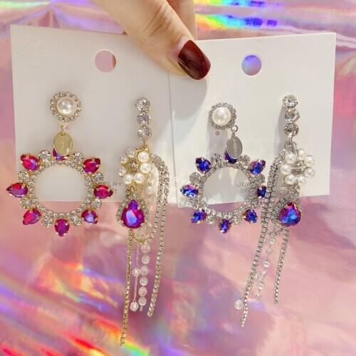 MENGJIQIAO Korean Exaggerate Bling Rhinestone Moon Drop Earrings For Women Asymmetric Long Tassel Boucle D'oreille Party Jewelry