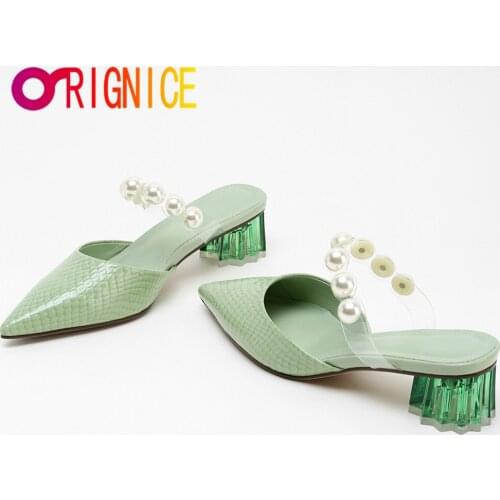 Orignice Handmade Pearl Women Mules Pointed Toe Cow Genuine Leather Sandals Slides Summer Special Shaped Heel Party Dress Shoes