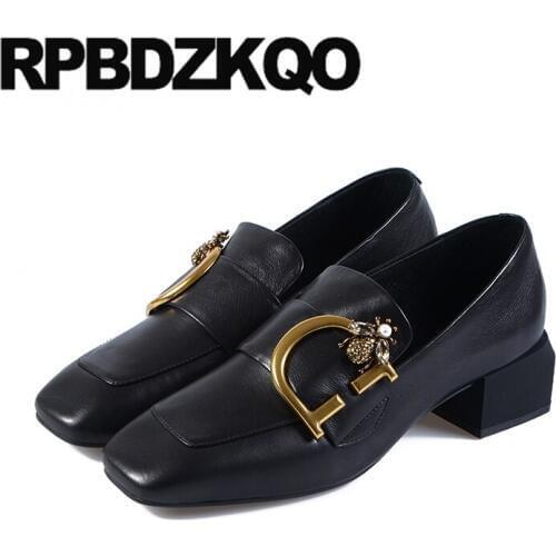 Low heels black pearl metal rhinestone thick high quality bee chic crystal shoes women 2019 square toe chunky pumps diamond