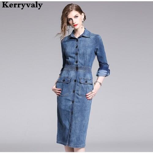 Autumn Bag Hip Cable Lock Pencil Denim Dress Zomerjurk Dames 2021 Long Sleeve Retro Jeans Midi Women Dress Dames Jurken K2181