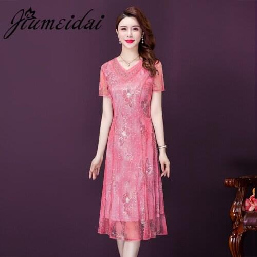 JiuMeiDai 2021 Women Summer Elegant A-Line Dress Office Lady Party Robe Femme Vintage Designer V-Neck Casual Clothing Plus Size