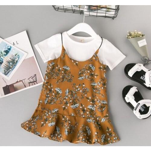 2Pcs/Set Baby Girl T-Shirt Dress Round Neck Loose Children’s Girls Tops Floral Printing Sling Dress Set for Hiking Daily