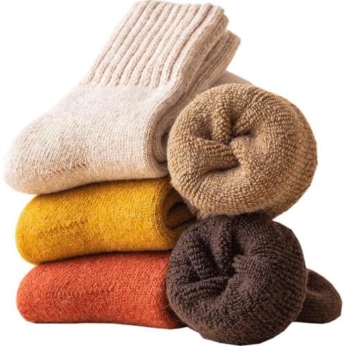 Winter Womens Super Thick Warm Solid Color Wool Retro Cold Resistant Fashion Casual Cozy Cashmere Boot Socks 5 Pairs