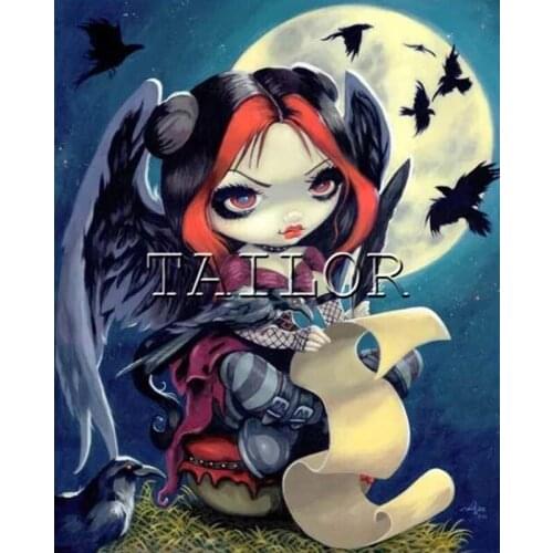 Full square cuadros 5d diamond painting 5D kit Dark fairy woman crow animal complet embroidery Cross stitch mosaic dirll drawing