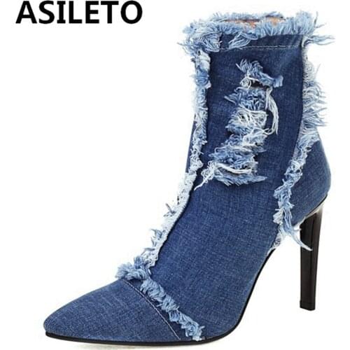 ASILETO 2021 Autumn Design Ripped Denim Ankle Boots Pointed Toe Stiletto High Heel Back Zip Fur inside Small Size 33-45 S2479