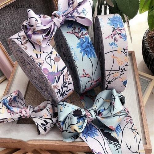 Kewgarden 3cm 30mm High Quality Printed Chrysanthemum Satin Ribbons Handmade Tape DIY Bow tie Hair Accessories Webbing 10 Meters