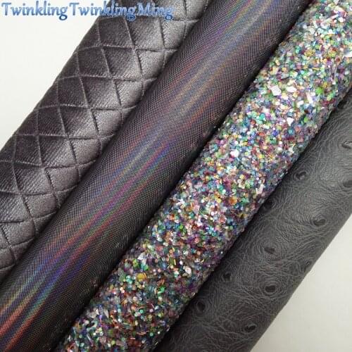 BLACK Glitter Fabric, Iridescent Faux Fabric, Ostrich Synthetic Leather Fabric Sheets For Bow A4 21x29CM Twinkling Ming XM754