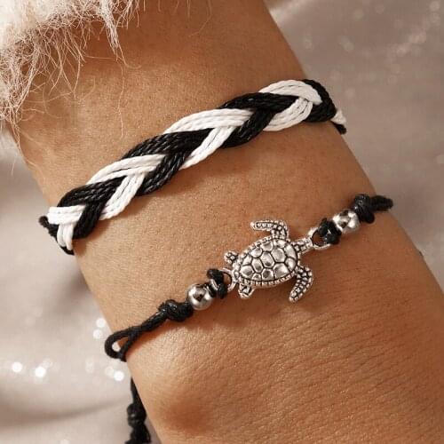 Docona 2pcs/set Cute Silver Color Tortoise Bangle Bohemia Handmade Woven Rope Animal Bracelet Set Ladies Party Jewelry Accessory