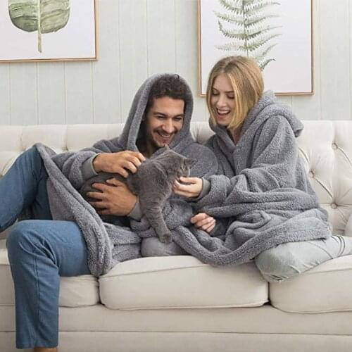 Elastic Sleeves Hoodie Pink 1Pcs Plush Blanket Flannel Soft Unisex Keep Warm Winter Blankets 2Colors