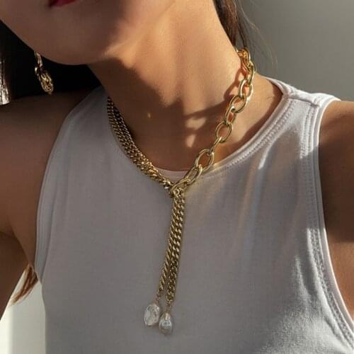 European and American niche design thickness zipper natural pearl brass necklace women