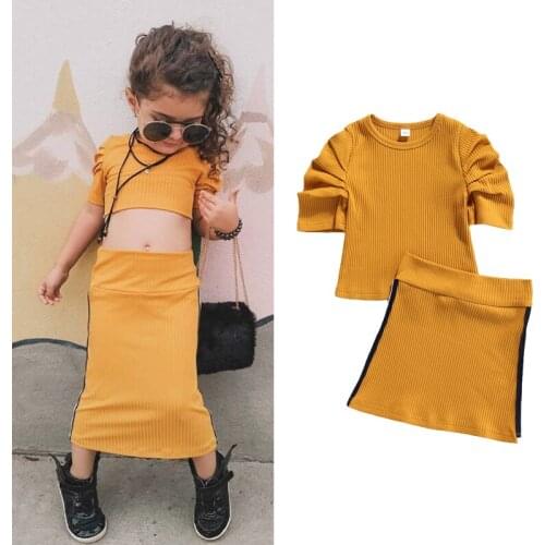 FOCUSNORM 1-5Y Fashion Summer Kids Girls Clothes Sets Solid Puff Sleeve T Shirts Tops+Pencil Skirts 2pcs Outfits