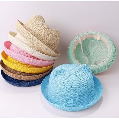 Cute Baby Hat With Ears Summer Straw шляпа детская Mesh Baby Girl Boy Hat Kids Snapback Baseball Cap Children Beach Sun Hat