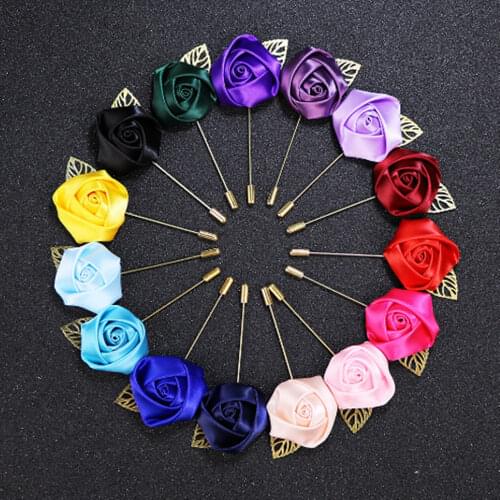 Mens Gold leaves Handmade Fabric Rose Flower Brooch Pin With chain XZ004