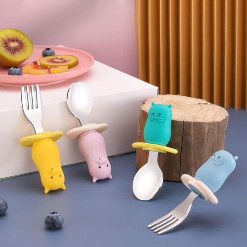 2-Piece Set Baby Learning Feeding Spoon Fork Set 316 Stainless Steel Short Handle Cartoon Baby Training Tableware