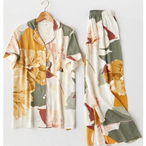 2020 New Womens Pajamas Set Palm Leaf Printing Pijamas Short Sleeve Pants Pyjamas Loungewear Sexy Sleepwear Home Sleep Set