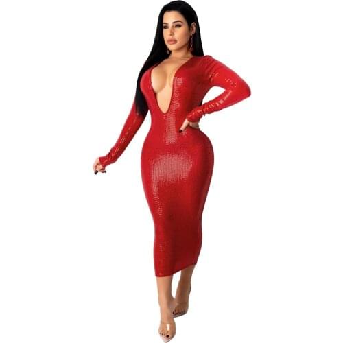 New European and American Womens Dress, Deep V Micro Stretch Long Sleeve Slim Fit, Mid-Length Dress