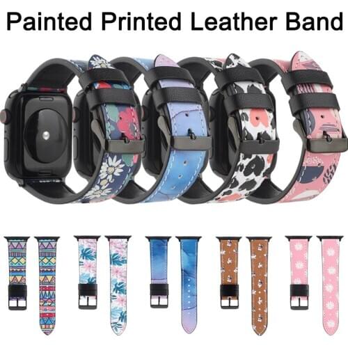 Painted Print Leather Bracelet for Apple Watch 6 Band 44/40mm 42/38mm Multiple Style Fashion Strap for iWatch Series SE/5/4/3/2