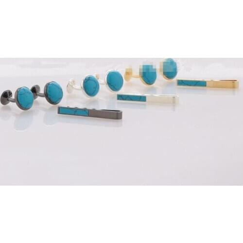 Blue Onyx Cufflinks+Tie Clips Set Precious Blue Nature Stone Cuff Links&Tie Pin Bar Set Men Wedding Fashion Gift Jewelry 5 Sets