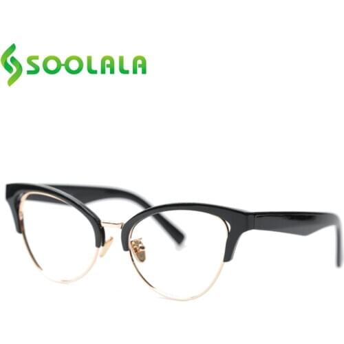 SOOLALA Semi-Rimless Cat Eye Reading Glasses Women Alloy Eyeglasses Cateye Presbyopic Glasses For Reading +0.5 0.75 1.0 to 4.0