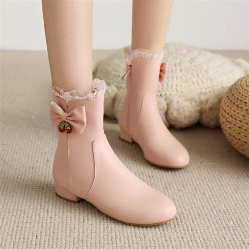 YQBTDL Strawberry Rhinestones Butterfly-knot Lolita Shoes Ankle Boots 2021 Autumn Winter Short Plush Inside Princess Party Shoes