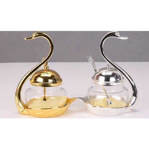 Unique Swan Jars European Style Gold Silver Finish Metal Glass Salt/Sugar/Tea/Coffee Jar Tableware Dinnerware Home Table Decor