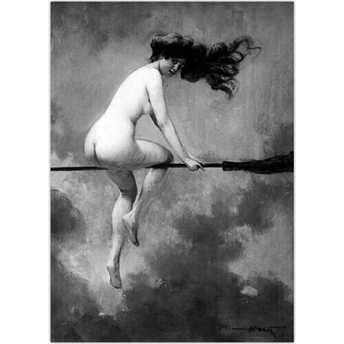 Witch Riding Broomstick Vintage Poster Wall Art Canvas Print Witch Broom Gothic Occult Halloween Antique Black White Painting