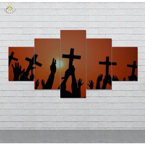 Sunset Crossing Prayer Wall Art Canvas Painting Posters and Prints Decorative Picture Decoration Home For Living Room 5 PIECES