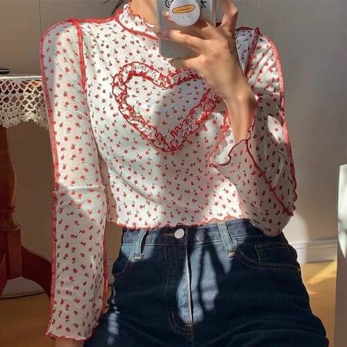 E-girl Y2K Cropped Tops Women Aesthetics Floral Stitch Heart Print Ruffles Long Sleeve T-shirts Sweet Vintage Outfits Shirts Tee