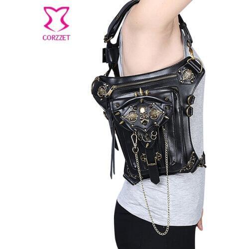 Steampunk Gothic Black Skull Rivet PU Leather Shoulder Bag Women/ Men Retro Punk Messenger Bags Match Corsets Holster Waist Bag