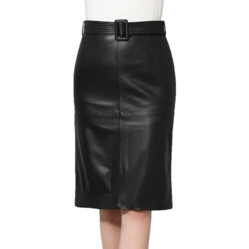 High Quality Women Genuine Sheep Leather Skirt Women Slim-Fit Mid-Length Real Leather Skirt Black