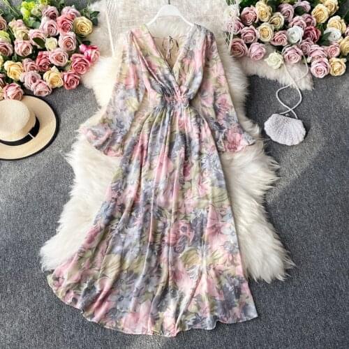 OUSLEE French Women Sexy Boho Dress New Spring Autumn Long Sleeve V-Neck Backless Ladies Long Vintage Floral Printed Dress