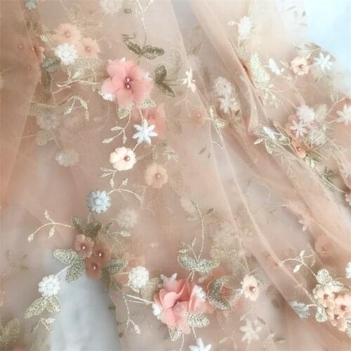 1yard/ lot 125cm width 3D patches embroidered&pearls lace Fabric for wedding dress decoration high quality