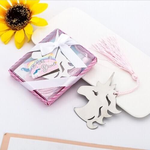 12PCS Unicorn Design Silver Bookmark in Gift Box Baby Shower Favors Metal Bookmarks For Book Newborn Christening Baptism