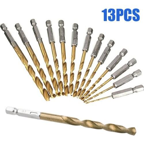 13pcs 1/4" Hex Shank Twist Drill Bit Set Titanium Coated HSS Steel Drill Bits For Metal Wood Plastic Hole Cutter Tool