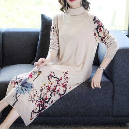 2021 Women Elegant Bodycon Warm Wool Sweaters Winter Vintage Knitting Turtleneck Sweater Autumn Plus Size Long Sleeve Maxi Dress