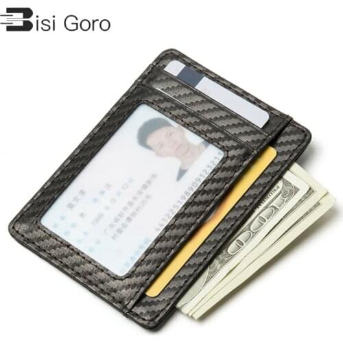 BISI GORO Black Carbon Fiber Card Holder Slim Thin RFID Men Women Smart Small Wallet PU Leather Pocketbooks 2021 Fashion Style