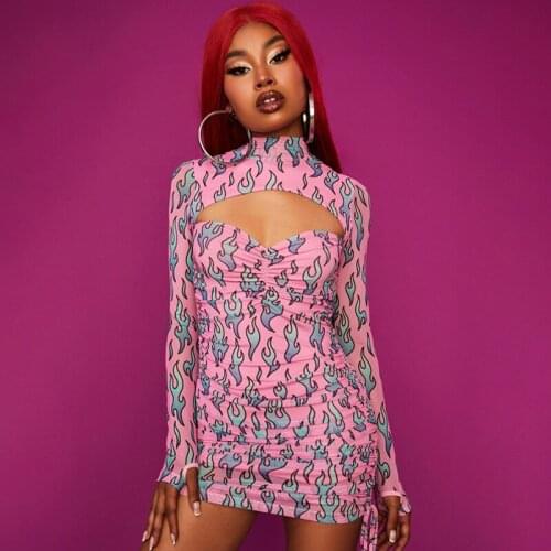 BKLD Women Clothes Fall 2020 New Sexy Club Dresses Hollow Out Drawstring Ruched Turtleneck Long Sleeve Printed Dress Women