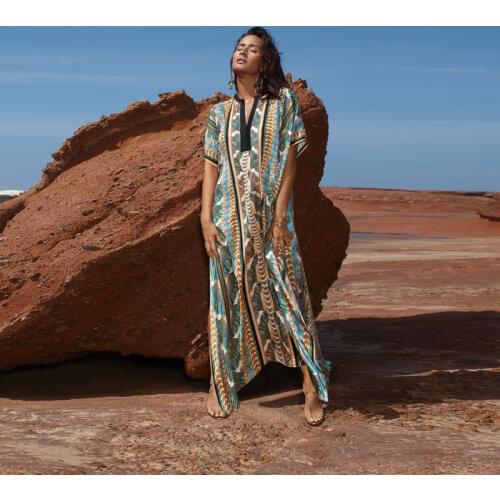 2021 Quick-drying Cover-up Bohemian Printed Summer Dress Cotton Tunic Women Plus Size Beach Wear Swim Suit Cover Up Kaftan Q1047