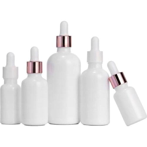 10ml 15ML 20ML 30ML50ML 100ML Empty Pearl White Glass Dropper Essential Oil Vials White Lid Rose Gold Ring Packaging Bottle15pcs