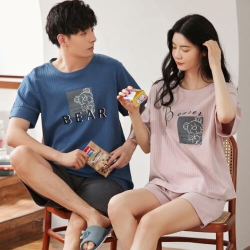 SLPBELY Cotton Couple Pajamas Set Homesuit Summer Casual Short Sleeve Lover Pijama Mujer Homewear Couple Nightwear Plus Size 3XL