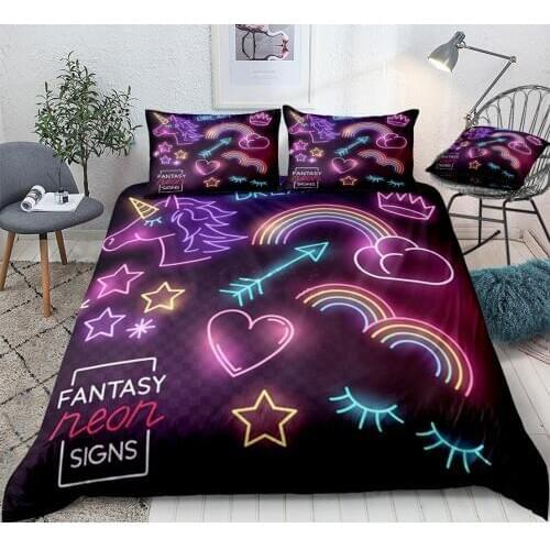 Pink Unicorn Bedding Set Rainbow Quilt Cover Neon Light Bed Set for Kids 3pcs Luminous Unicorn Home Textiles Purple Eyelash Blue