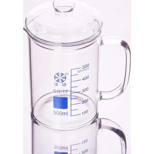 Beaker in low form with spout and glass handle,Capacity 500ml,Outer diameter=90mm,Thickness=3mm,Height=120mm,Laboratory beaker