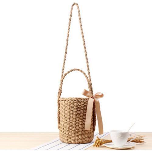 New retro fashion simple solid color straw bag Mori one shoulder handkerchief bucket woven bag cylinder beach bag