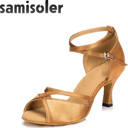 Samisoler Skin/B New Cloth Collocation Shine Ribbons Ballroom Fashion Dance Women Latin Dance Competition Shoes