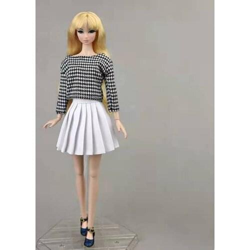 1/6 BJD Clothes for Barbie Doll Clothes Outfits Houndstooth Plaid Shirt Top White Pleated Skirt 11.5" Dollhouse Accessories Toys
