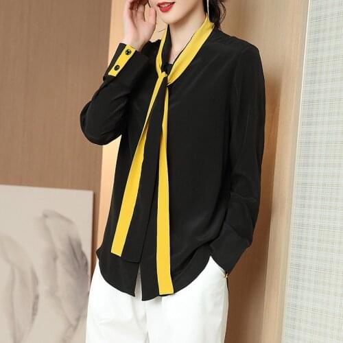 High Quality 100% Silk Shirt Women Black Elegant Blouse Long Sleeve Top Female Spring Autumn New 2021 Blusas Mujer Pph3571