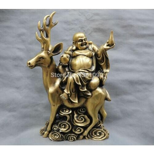 Xd 00932 21'' China Bronze Buddhism Happy Maitreya Buddha Ride Deer Bronze Statue Figurin