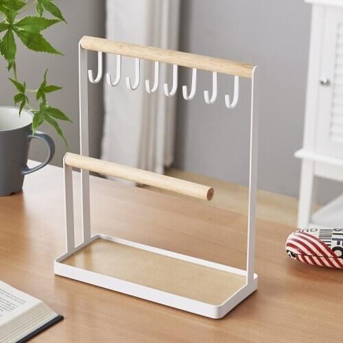 Jewelry Display Stand Holder with Wooden Ring Tray and Hooks Storage Necklaces Bracelets, Rings, Watches
