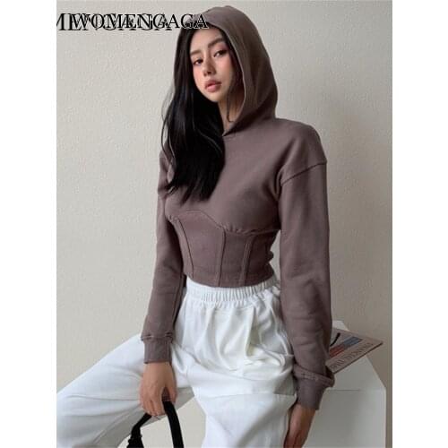 WOMENGAGA Autumn Winter Women Cinched Waist Crop Hoodie Crop Hooded Sweatshirt With Corset Detail X4LA